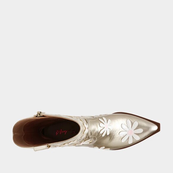 NWB$129 BETSEY JOHNSON Gold Faux Leather Teddyy Floral Daisy Western Booties 8.5 - Picture 8 of 10